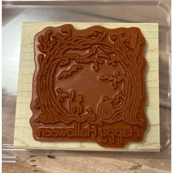 HTF Stampin Up! HAUNTED WOODS WOOD MOUNTED Rubber Stamp PUMPKIN CAT BAT OWL - Picture 5 of 5